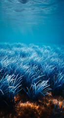 Poster - Underwater blue seagrass meadow scene, showing textured blades against sandy bottom, suggesting serenity, nature's beauty, and aquatic life