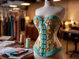 Close-up of elegant rococo corset with satin trim and gold floral embroidery