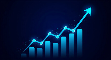 Poster - blue glowing upward arrow graph, data visualization, growth chart, progress, success, financial incr
