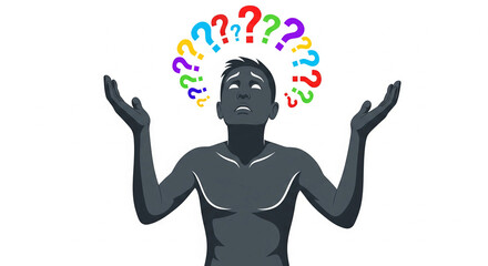Poster - Silhouette of a person with arms outstretched, surrounded by colorful question marks, illustrating uncertainty, contemplation, or seeking answers