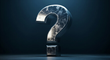 Poster - Metallic question mark on dark background, 3D render, symbolizing inquiry, uncertainty, or problem-solving