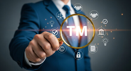 Poster - A man in a suit holding a magnifying glass over the trademark symbol with icons around it design