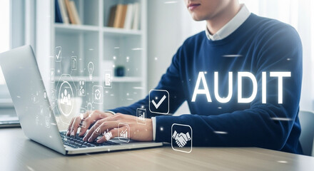 Poster - Man typing on laptop with audit overlay and business icons in a bright office setting seen up close
