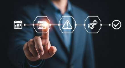 Poster - Finger touching digital calendar icon in workflow diagram with suit jacket in the background