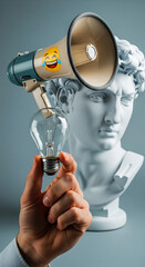 Poster - Hand holding lightbulb, megaphone with laughing emoji, and classical bust in background, showcasing creative idea announcement concept
