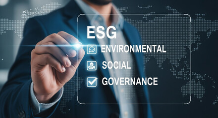 Poster - Man in suit pointing to esg environmental social governance on a digital screen with world map background