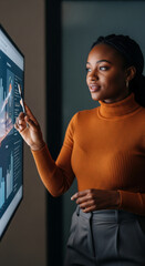 Poster - Woman in orange turtleneck interacting with a large screen displaying graphs and charts, showcasing data analysis or presentation concept