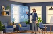 © Siddhi - 3D Illustration of Man Using Holographic Dashboard in Modern Cozy Workspace
