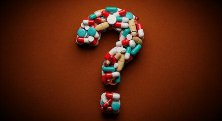 Aufkleber - Colorful pills forming a question mark on brown background, symbolizing medicine, health, or uncertainty