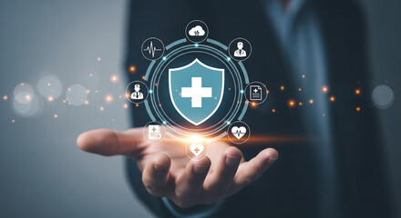 Poster - Hand holding medical shield with health icons representing healthcare and insurance coverage