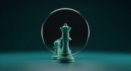 Aufkleber - Teal chess queen reflected in a circular mirror, symbolizing self-reflection, leadership, and strategic thinking