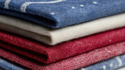 Poster - Neatly arranged set of soft organic cotton fabric in blue, white, and red hues, showcasing textured weave. close up highlights quality and craftsmanship of material