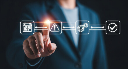 Poster - A person in a blue blazer interacting with a digital workflow process interface with icons displayed