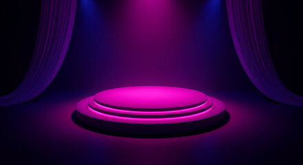 Aufkleber - Illuminated circular podium with tiered levels, set against dark purple curtains, creating a dramatic, showcase-ready scene ideal for product displays or presentations