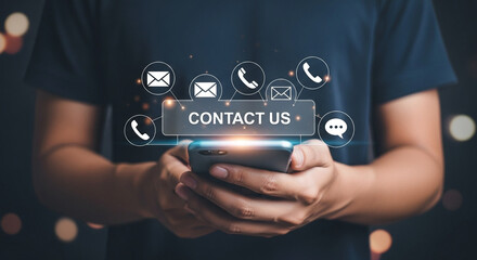 Poster - Person holding smartphone with contact us button and communication icons floating above it shown