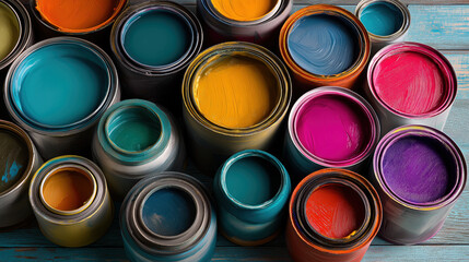 Poster - Vibrant open paint cans display spectrum of colors, including blue, yellow, pink, and orange, on wooden surface, inspiring creativity and artistic expression