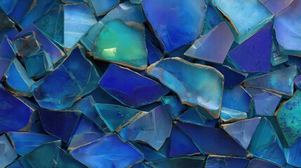 Aufkleber - Shattered blue glass pieces create vibrant mosaic pattern, showcasing various shades of blue and green with crystalline texture. arrangement forms abstract, artistic background