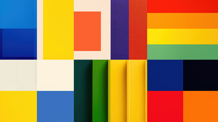 Aufkleber - Vibrant abstract composition featuring variety of geometric shapes and bold colors, including blue, yellow, red, and green, creating dynamic and energetic visual effect