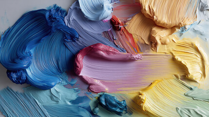 Aufkleber - Colorful paint strokes in various shades of blue, pink, yellow, and orange create vibrant and textured abstract composition. thick layers of paint showcase dynamic movement and artistic expression