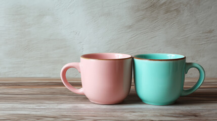 Poster - Two pastel pink and teal coffee cups sit on wooden table, creating cozy and inviting atmosphere. soft colors and simple design evoke sense of calm and relaxation