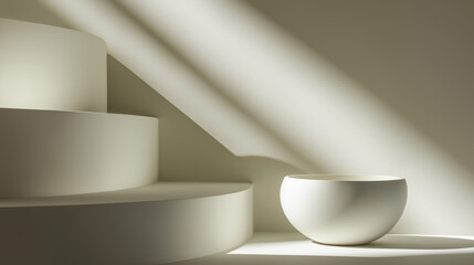 Poster - Minimalist scene features white ceramic bowl on curved, tiered surface with soft light and shadow creating serene atmosphere. composition highlights subtle variations in light and shadow