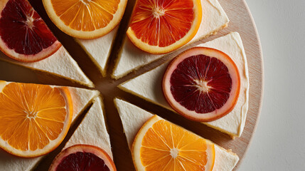 Poster - Slices of cake topped with vibrant orange and blood orange slices are arranged wooden platter, showcasing delightful contrast of colors and textures. crisp texture of white wood enhances visual