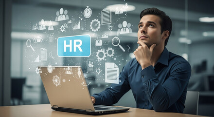 Poster - Man at desk with laptop looking at hr interface with icons and hr text in a blue box overlayed