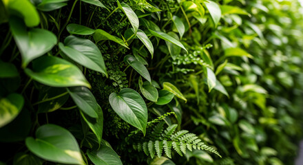 Poster - Lush green foliage texture, vibrant leaves forming a dense wall, representing nature, freshness, and vitality, ideal for ecological or wellness concepts
