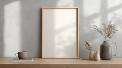 Poster - Minimalist interior scene features framed picture on wooden table, accompanied by ceramic mug, stacked books, and decorative vases with dried flowers, creating serene atmosphere