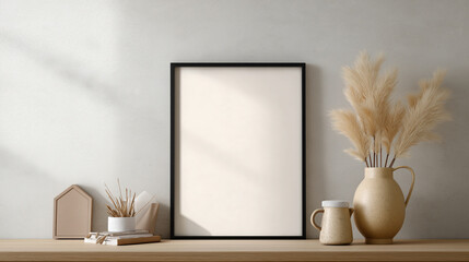 Aufkleber - Minimalist interior scene features framed picture on wooden shelf, surrounded by decorative items like vase with pampas grass and small ceramic container, creating serene atmosphere