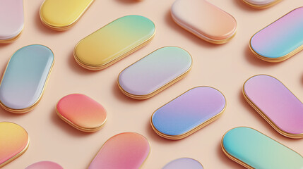 Poster - Colorful pastel gradient pill shaped objects arranged on soft peach background create soothing and modern aesthetic. smooth, metallic edges add touch of elegance to design