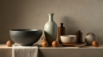Poster - Serene still life featuring ceramic bowls, vases, and fruits arranged on neutral toned surface with soft lighting. composition exudes calm and balanced aesthetic