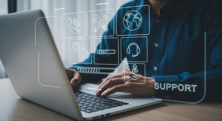 Poster - Person typing on laptop with support icons representing technical assistance and customer service