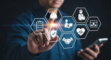 Poster - Person interacting with digital icons representing safety and business concepts on a screen interface