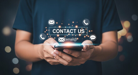 Poster - Person holding phone with contact us icons floating above it against a dark background scene