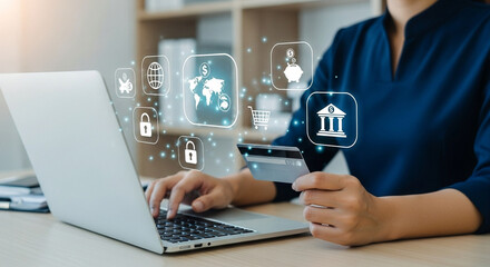 Poster - Woman using laptop for online banking with credit card and digital financial icons floating above it