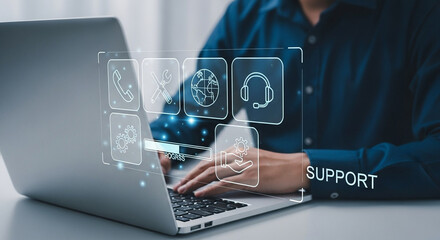 Aufkleber - Person using laptop with digital support icons and progress bar overlayed on the screen display