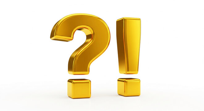 golden question and exclamation marks on white background, symbolizing inquiry, surprise, and decisi
