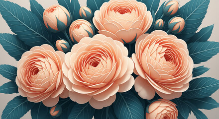 Poster - Close-up of peach-colored flowers and teal leaves, stylized 3D paper art.  Symbolizes elegance, springtime, and nature's beauty, ideal for decor or greeting card