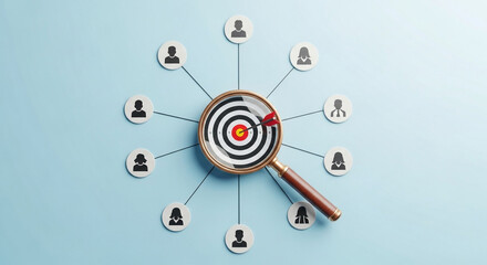 Poster - Target with arrow under magnifying glass surrounded by people icons on blue background