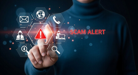 Poster - A person touching a scam alert icon with various communication icons and a dark blue background