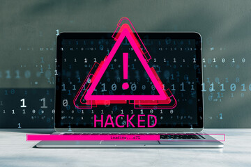 Aufkleber - Cybersecurity alert with exclamation mark warning on laptop screen showing hacking danger and data intrusion in virtual network environment. 3D Rendering