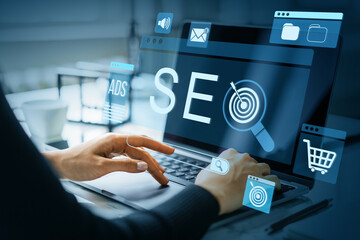 Aufkleber - Woman working on SEO strategy using laptop with digital marketing icons and interface on modern office desk background screen display concept.