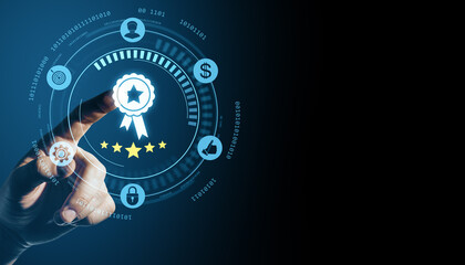 Poster - Digital hand pressing quality certificate icon with five-star rating on futuristic interface representing guarantee, compliance, and approved system.