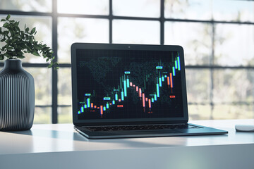 Aufkleber - Laptop screen displaying colorful forex and stock market trading chart with digital world map in modern office setting near window with sunlight. 3D Rendering