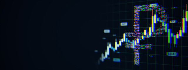 Poster - Digital candlestick chart with Russian ruble symbol on dark screen background representing forex market growth and currency trading concept. 3D Rendering