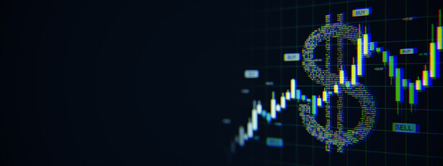 Poster - Digital dollar symbol with candlestick stock market chart on modern monitor screen, financial data analysis concept on dark background. 3D Rendering