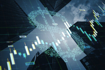 Aufkleber - Digital dollar symbol overlay on modern city skyscrapers with stock market candlestick chart and business financial exchange concept background.