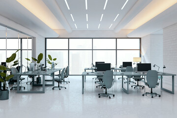 Poster - Modern spacious office interior with large windows, work desks, ergonomic chairs, and greenery in a contemporary corporate workspace setting. 3D Rendering