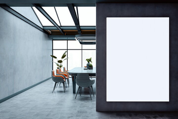 Poster - Modern office boardroom interior with skylight ceiling, glass walls, and blank vertical canvas poster for corporate mockup display concept. 3D Rendering